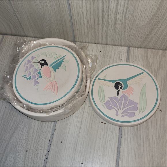 Vtg Southwestern Hummingbird Ceramic Coaster Set Of 4 NWOT Coastal Boho - Picture 9 of 11